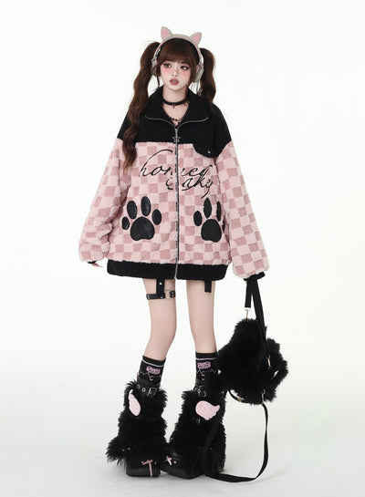 Paw Ball Design Stand Collar Loose Zip Jacket CRA0096