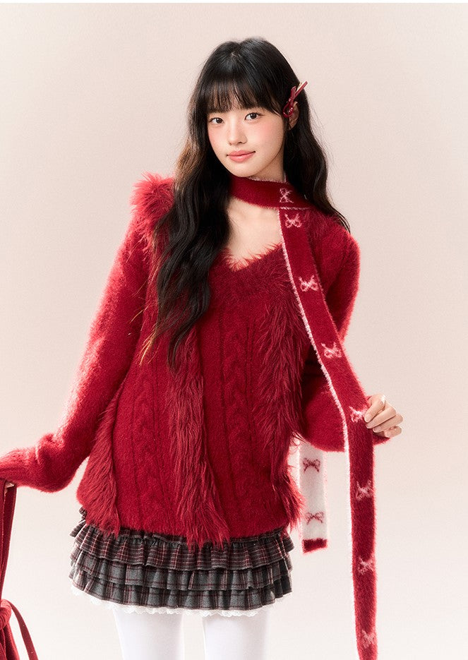 Red Bow Design V-Neck Cable Knit NTO0166