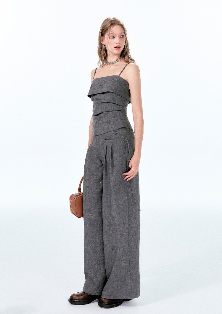 Rose Dark Pattern Embossed Gray Tube Top/Casual Pants BOH0050