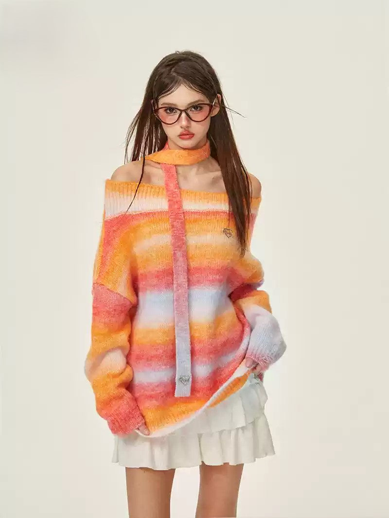 Rainbow Knitted Off-shoulder Lazy Sweater GIF0074