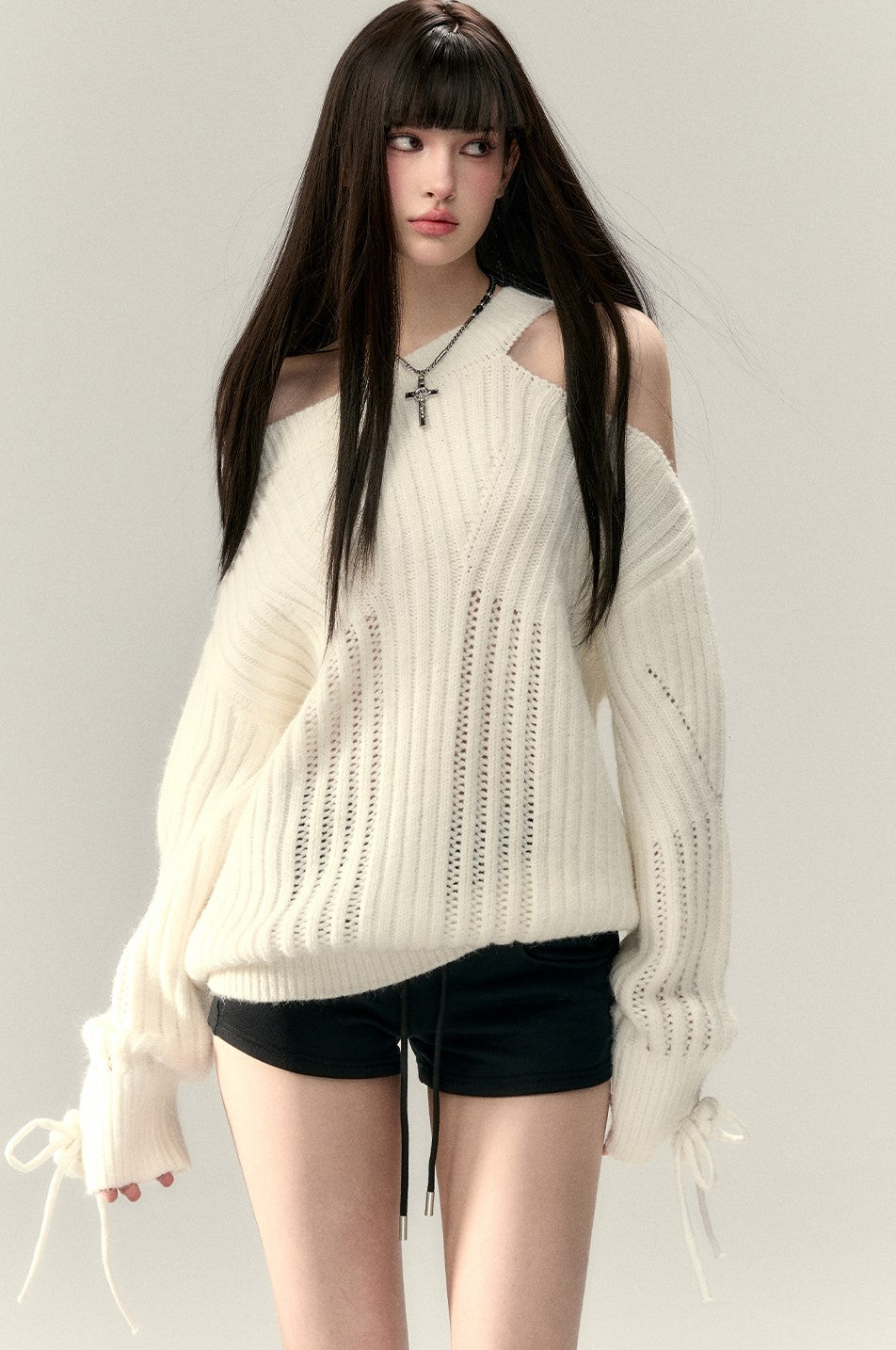 Bow Irregular Neckline Sweater VIA0204