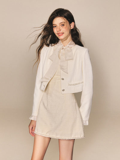 Collarless Pearl Button Sleeve Ruffle Short Jacket REC0053