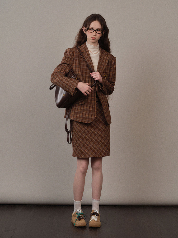 Brown checkered casual suit jacket and skirt YOO0070