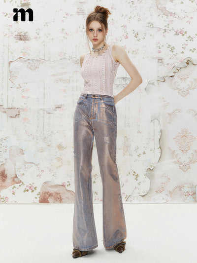 Glossy Silver Brushed Design Flared Denim Pants IMO0046
