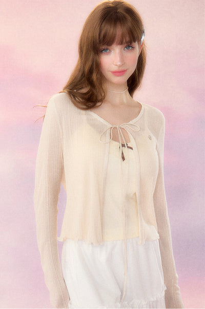 Natural color ribbon sheer slim cardigan SPE0046