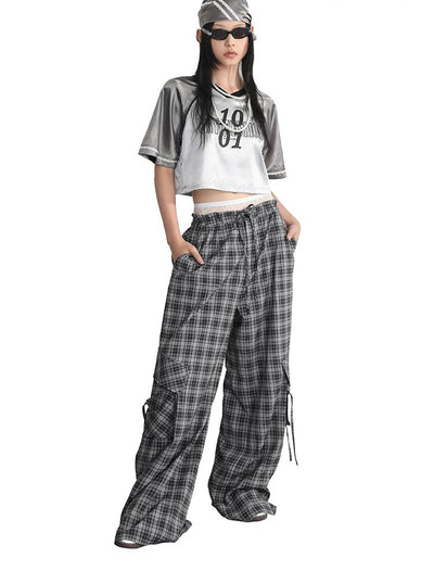 Dark Grey Plaid Low Waist Drawstring Loose Casual Pocket Pants ANY0068