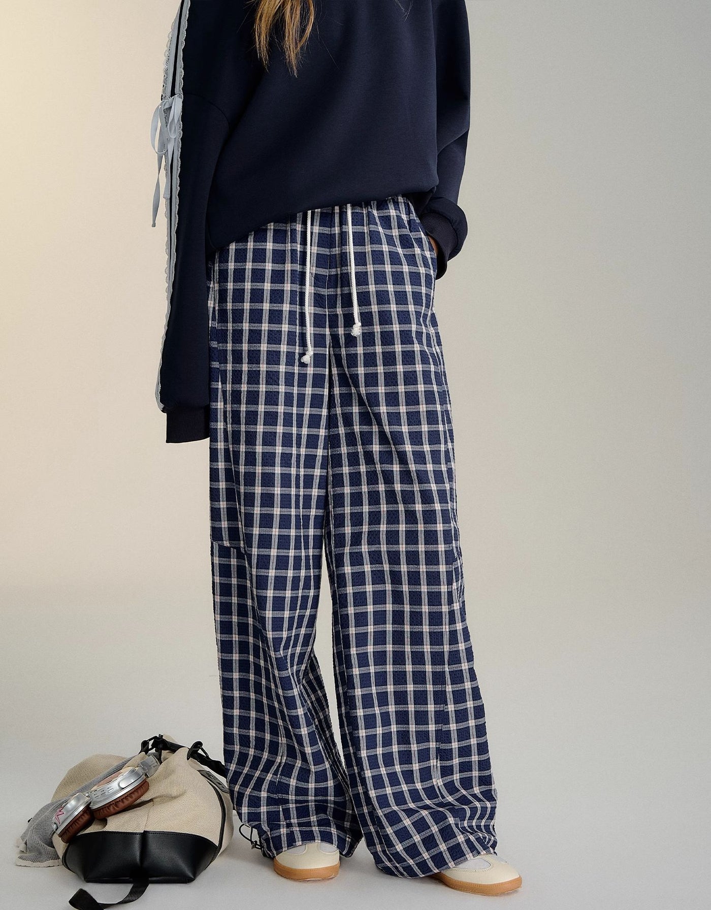 Drawstring Fine Plaid Wide-leg Pants SOM0105