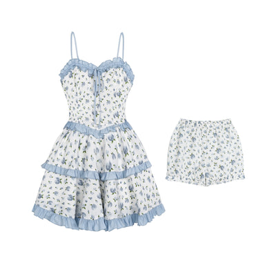 Floral Pattern Ruffle Line Girly Camisole Dress & Panties Set SAG0176