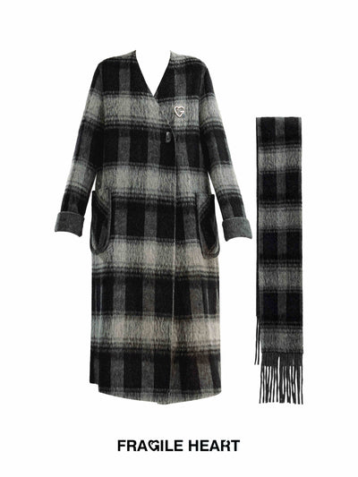 Lamb-wool blend retro plaid collarless coat and scarf FRA0213