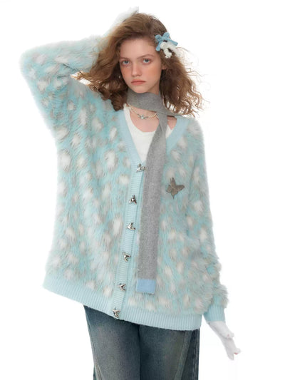 American Retro Blue Leopard Pattern Soft Knit Cardigan ZIZ0207