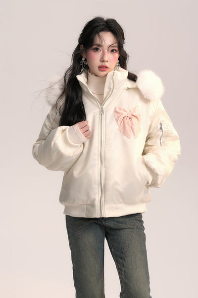 Flight Diary Fur Collar Bow Pilot Cotton Jacket AOO0048