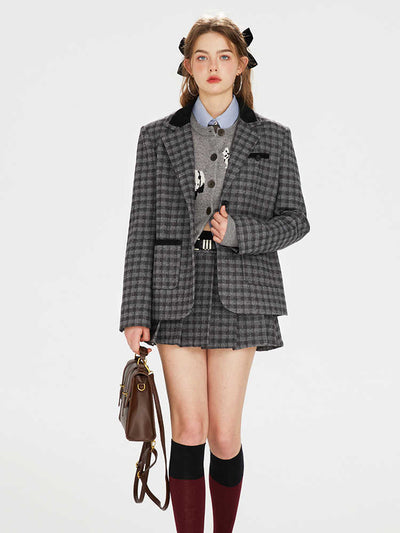 College Style Contrast Color Tartan Check Jacket & Pleated Skirt BOH0070