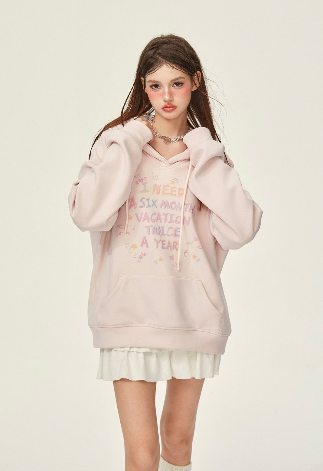 Pink Letter Loose Hooded Thickened Fleece Sweatshirt GIF0073