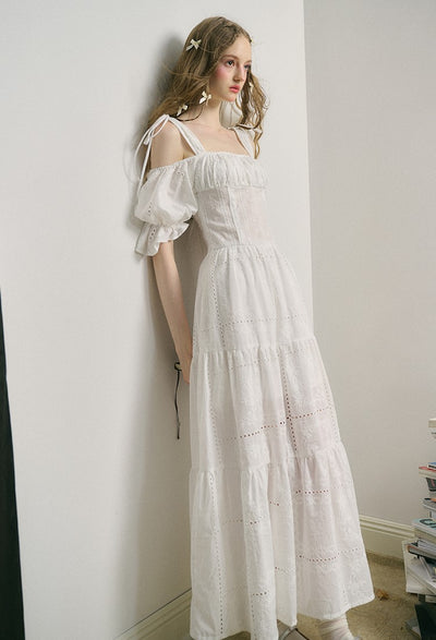 Embroidered Hollow Long White Dress GRO0061