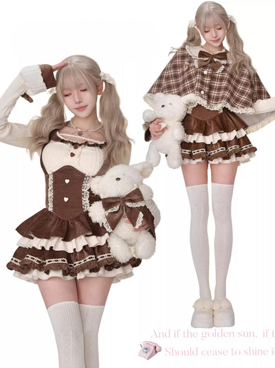 Bear Patchwork Plaid Cape/Cake Suspender Dress SER0110