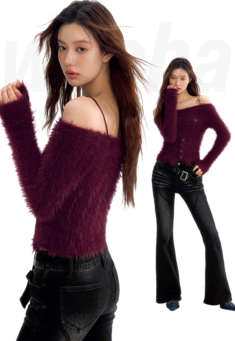 Off-the-shoulder Fur Slim Button Tops WOO0122