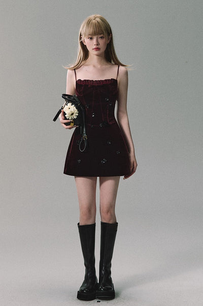 Red Beaded Velvet French Dress OAK0233