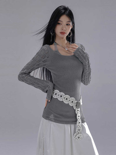 Slim knit top with halter neck and crochet sleeve design LAC0222