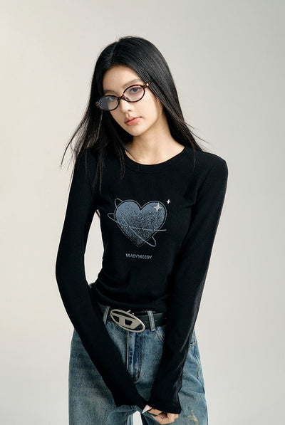 Basic Style Waist Slim Design Versatile Love Heart Long-sleeved T-shirt MAC0093