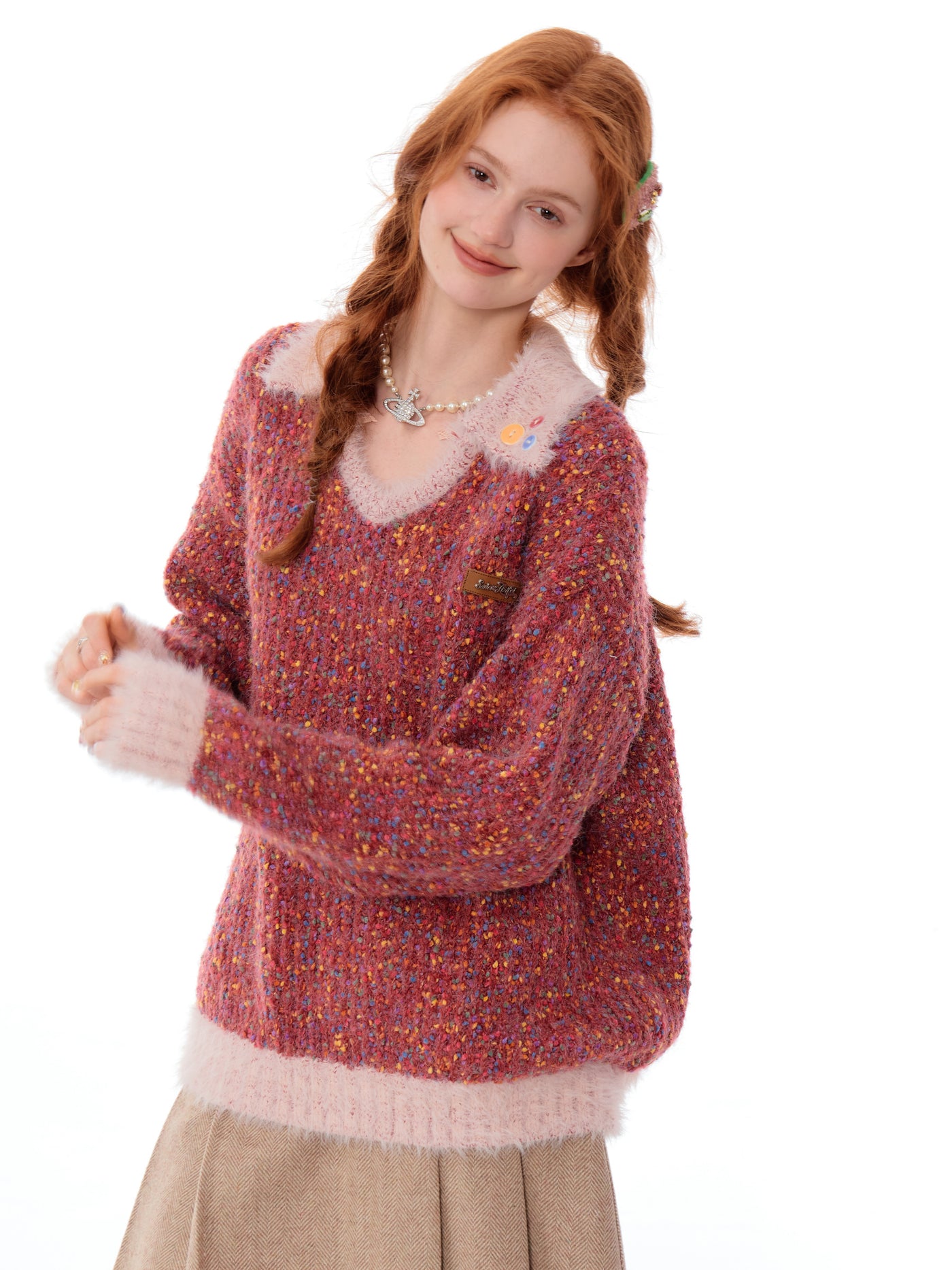 Christmas Mixed Color Wool Mix Polo V-Neck Knit Top ZIZ0203