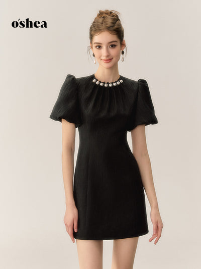 Puff Sleeve Pearl Collar Elegance Dress OSH0035