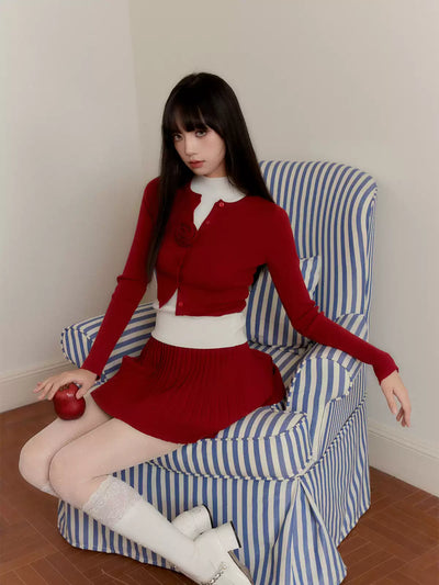 Red Knitted Cardigan/Skirt/Off-white Vest FRA0269