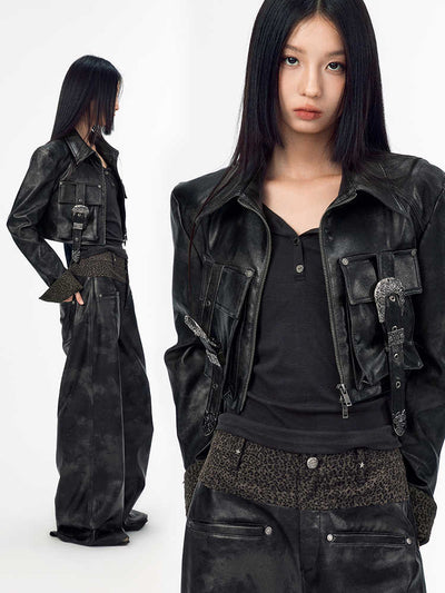 Short length leather motorcycle jacket with belt pocket design WOO0114