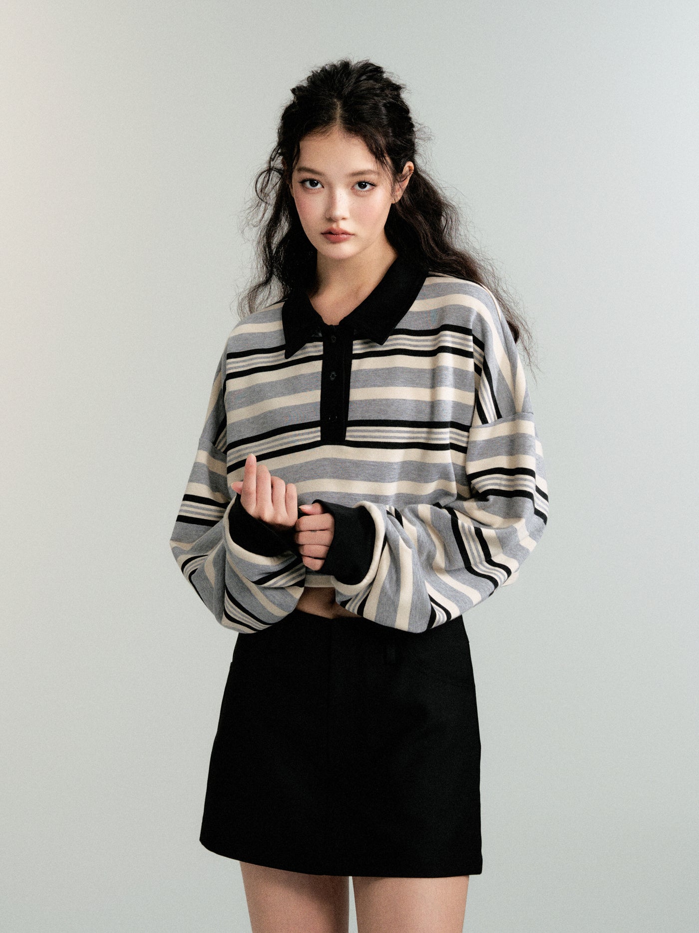 Contrast color striped long sleeve polo top LUL0085