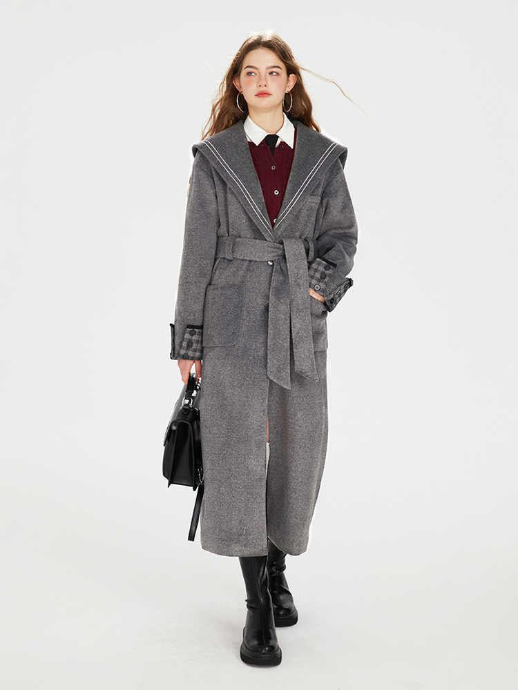 Waist Belt College Style Wool Long Coat BOH0068