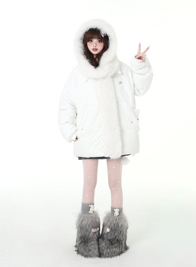 White thick down jacket with long fur hood CRA0099