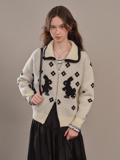 Flower Rabbit Pattern Zip Knit Cardigan YOO0076