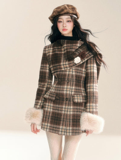 Plaid WoolenSlim Mid-Length Coat DIA0283