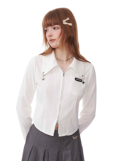 Double-zip shirt top with heart charm collar ZIZ0165