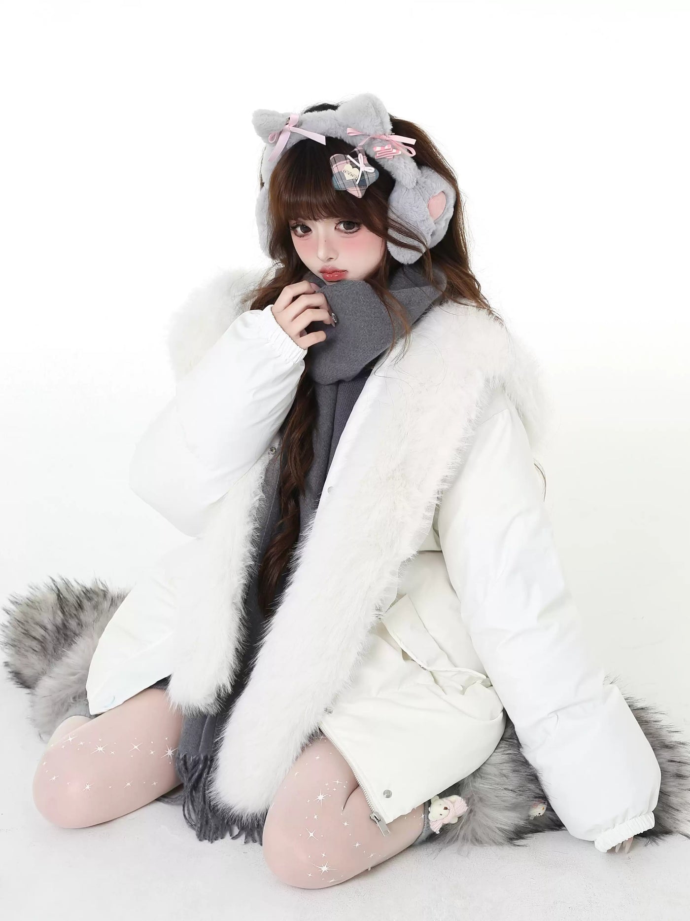 White thick down jacket with long fur hood CRA0099