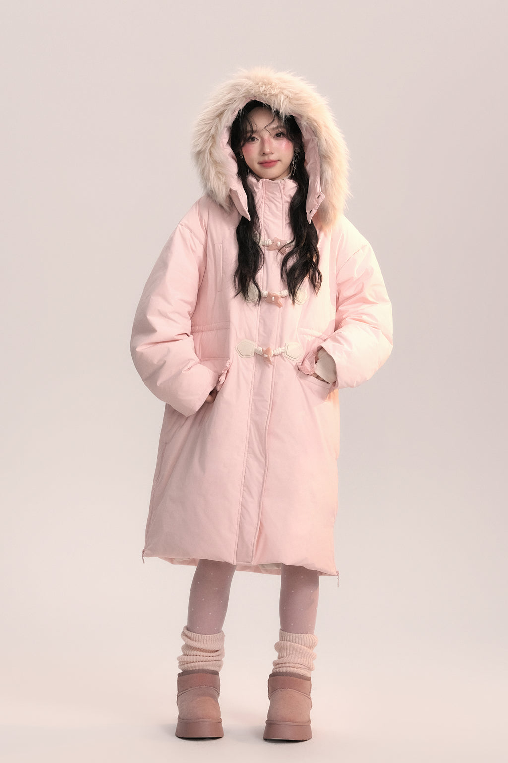 Bow-knot Fur Collar Lace Pocket Long Coat AOO0045