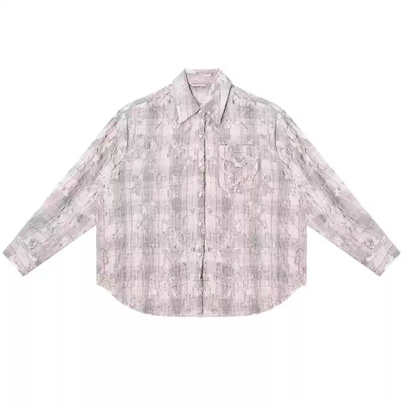 Butterfly Jacquard Pocket Damaged Plaid Loose Shirt ZIZ0161