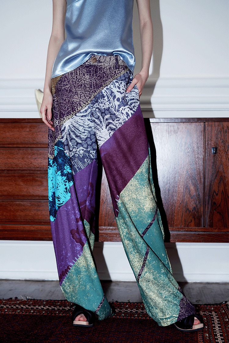 Print Retro Contrast Loose Long Wide Leg Pants BAD0036