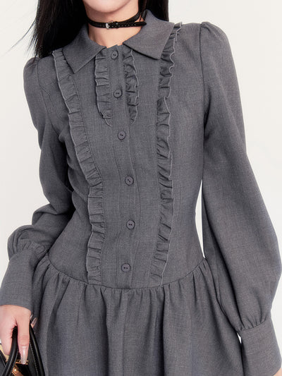 Bowknot Slim Long Sleeve Gray Shirt Dress VOC0255