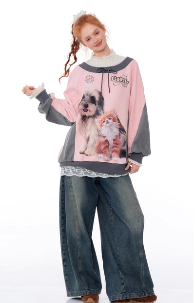 Loose Round Neck Contrast Suede Cat And Dog Print Sweatshirt ZIZ0170