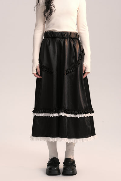 Holiday Silk Texture Contrast Color Ruffled Long Skirt AOO0043