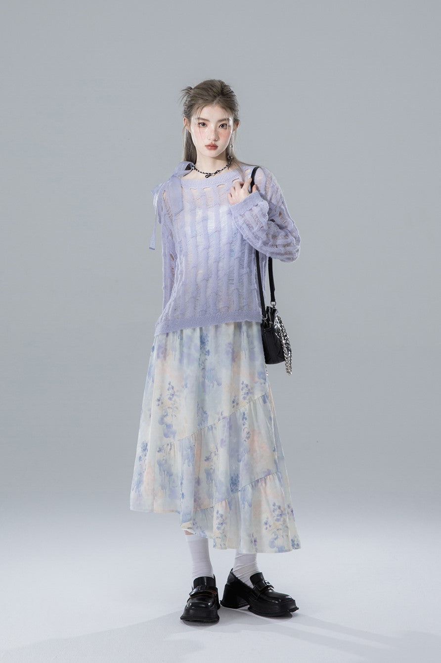 Watercolor Blue Flower Drape Print Suspender Dress COT0146