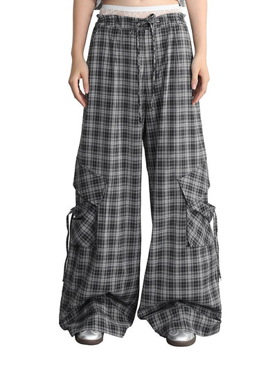 Dark Grey Plaid Low Waist Drawstring Loose Casual Pocket Pants ANY0068