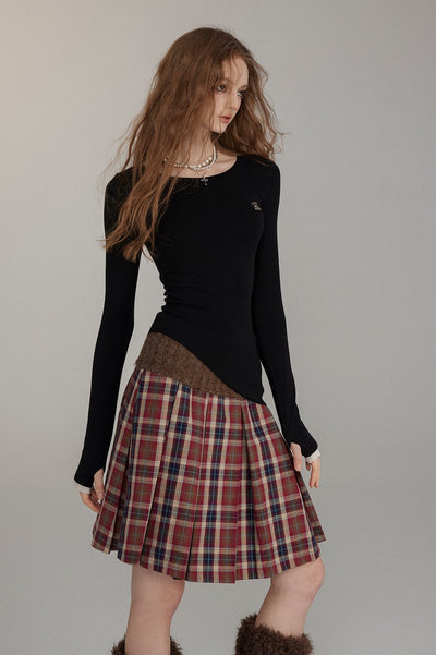 Button Stitching Pleated A-line Skirt VIA0225