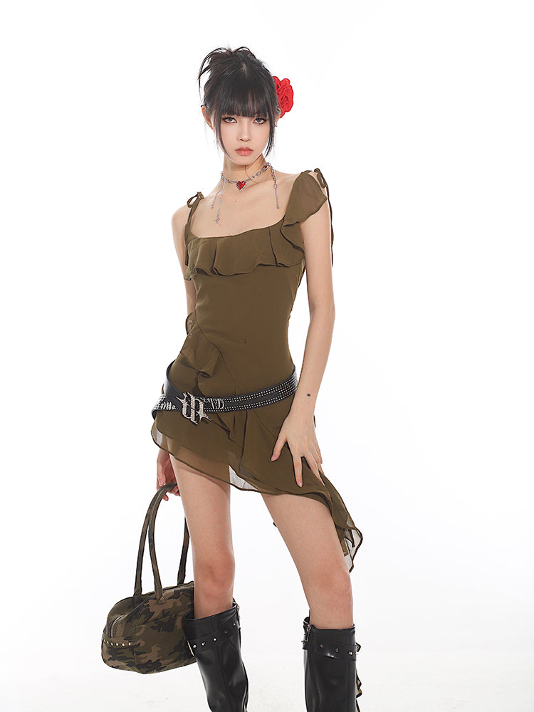 Side Ruffle Tail Design Camisole Mini Dress UNC0099