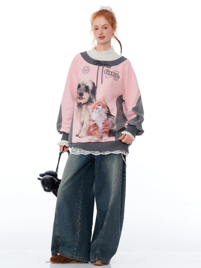 Loose Round Neck Contrast Suede Cat And Dog Print Sweatshirt ZIZ0170