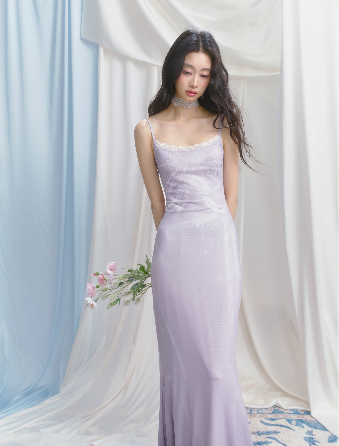 Lace Print Fishtail Suspender Dress SAL0149