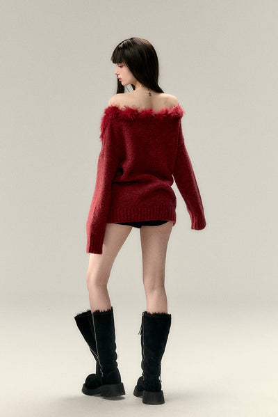 Fur Stitching One Shoulder Sweater VIA0206