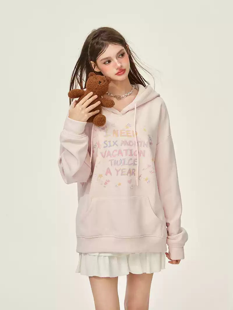 Pink Letter Loose Hooded Thickened Fleece Sweatshirt GIF0073