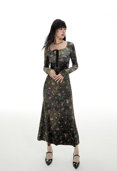 Retro Chest Strap Waist Square Collar Velvet Floral Dress IMO0053