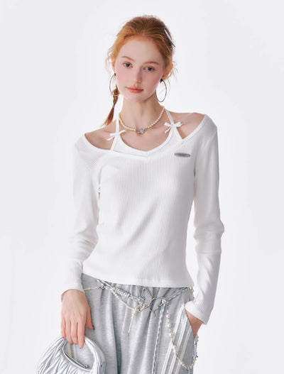 Bow Halter Neck Long Sleeve Knitted T-shirt ZIZ0178